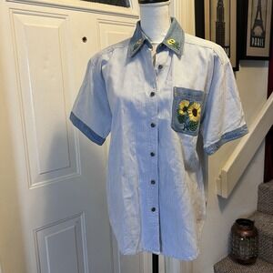 Vtg That's The‎ Way To Go Women's Medium Embroidered Denim Jean Shirt Sunflower